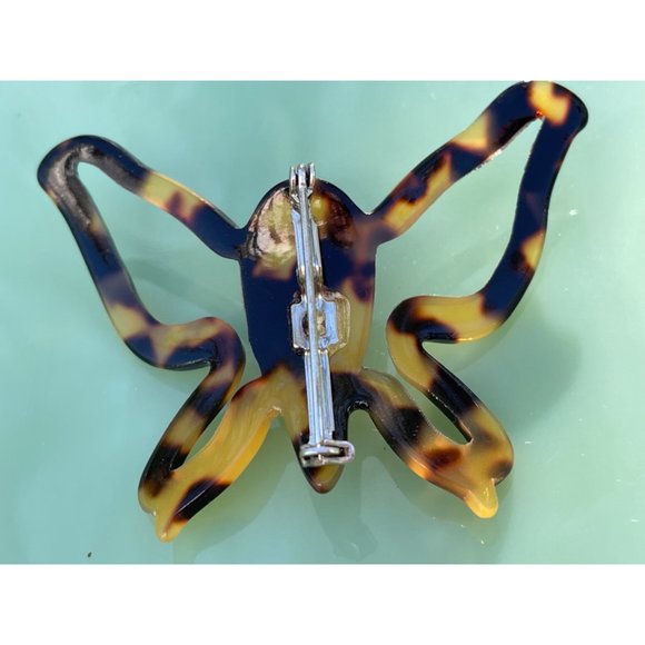 Vintage Celluloid Plastic Faux Tortoise Butterfly Brooch Rhinestones - Picture 7 of 7